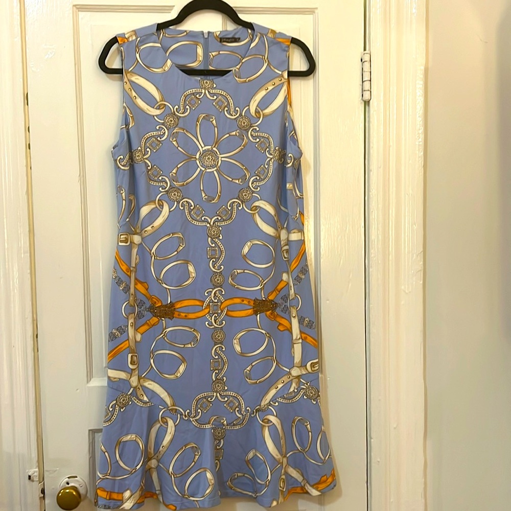 J. McLaughlin equestrian dress. Sky blue with Hermes, orange & ivory detailing.